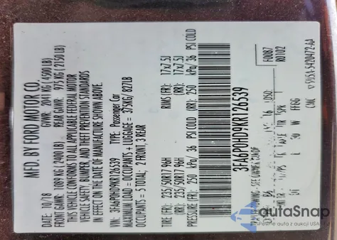 2019 Ford Fusion Se z USA, uszkodzony, nr VIN 3FA6P0HD9KR126539